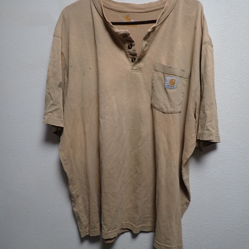 thrashed Carhartt Mens XL Orig Fit Henley Short Sleeve Pocket T-Shirt Tan Khaki